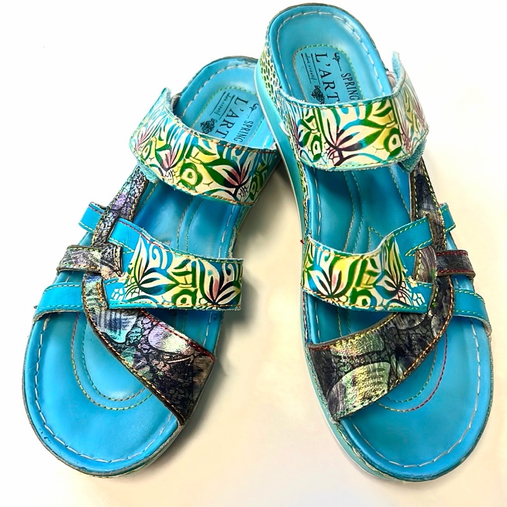 L'ATISTE Spring Step Vibrant Turquoise and Green Sandals Adjustable Straps